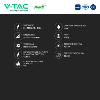 Pannelli Solari Fotovoltaici 585W Tier 1 IP68 V-Tac Jinko