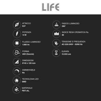 Life Lampadina LED E27 14W Goccia A60 SMD