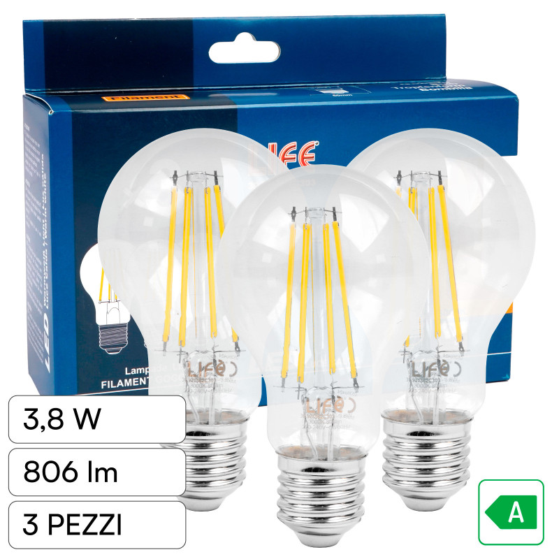 3 Lampadine LED E27 3,8W Goccia A60 Filament 212 lm/W in Vetro Life