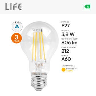 3 Lampadine LED E27 3,8W Goccia A60 Filament 212 lm/W in Vetro Life