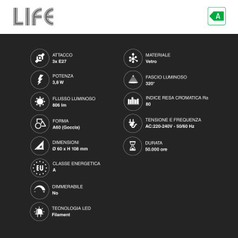 3 Lampadine LED E27 3,8W Goccia A60 Filament 212 lm/W in Vetro Life