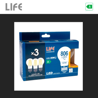 3 Lampadine LED E27 3,8W Goccia A60 Filament 212 lm/W in Vetro Life