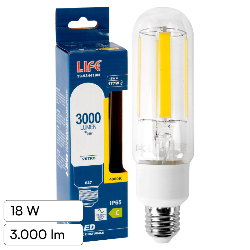 Life Lampadina LED E27 18W Tubolare T46 Filament IP65