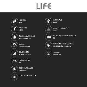 Life Lampadina LED E27 18W Tubolare T46 Filament IP65