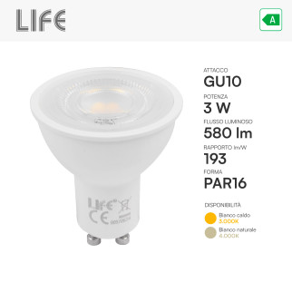 Life Lampadina LED GU10 3W Faretto PAR16 SMD 193 lm/W