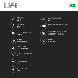 Life Lampadina LED GU10 3W Faretto PAR16 SMD 193 lm/W