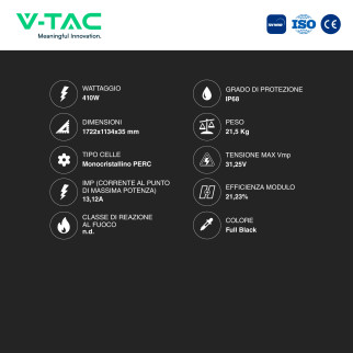 Pannelli Solari Fotovoltaici 410W IP68 108 Celle Full Black V-Tac