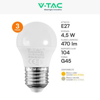VT-2176 Super Saver Pack 3 Lampadine LED E27 G45 4,5W V-Tac