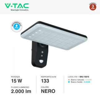 VT-414 Faro LED 15W IP65 Pannello Solare con Sensore V-Tac