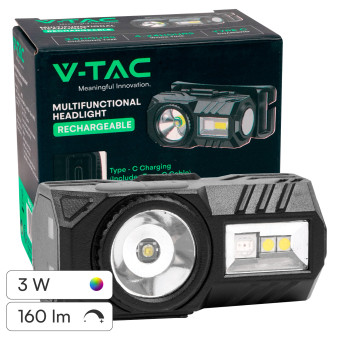 V-Tac Torcia Frontale LED SMD RGB 3W Ricaricabile Dimmerabile IP43
