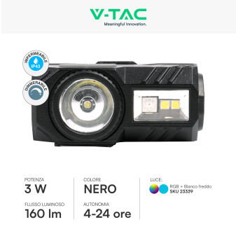 V-Tac Torcia Frontale LED SMD RGB 3W Ricaricabile Dimmerabile IP43