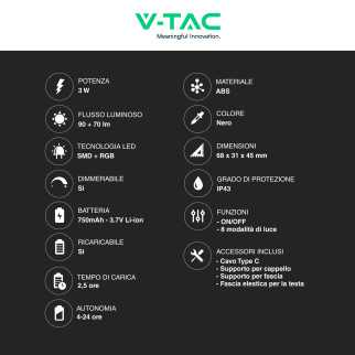V-Tac Torcia Frontale LED SMD RGB 3W Ricaricabile Dimmerabile IP43