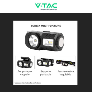 V-Tac Torcia Frontale LED SMD RGB 3W Ricaricabile Dimmerabile IP43