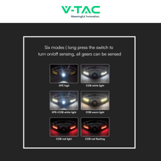 V-Tac Torcia Frontale LED SMD COB 3W + 5W Ricaricabile IP43