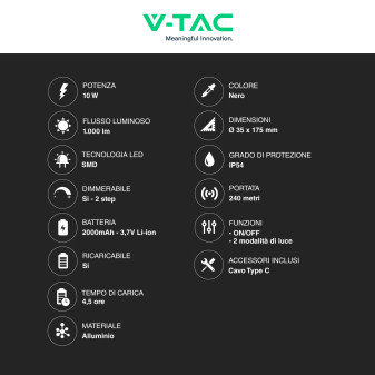 V-Tac Torcia LED SMD 10W Ricaricabile Dimmerabile IP54