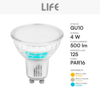 Life Lampadina LED GU10 4W Faretto PAR16 SMD in Vetro