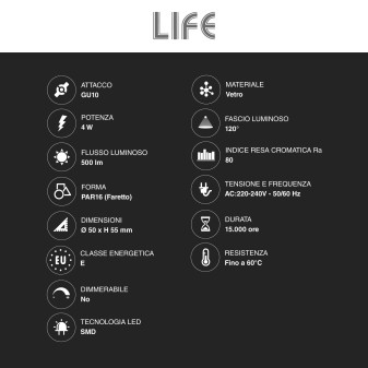 Life Lampadina LED GU10 4W Faretto PAR16 SMD in Vetro