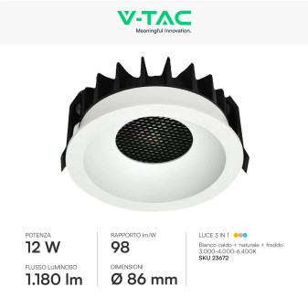 V-Tac Faretto LED COB 12W Incasso Rotondo CCT Bianco