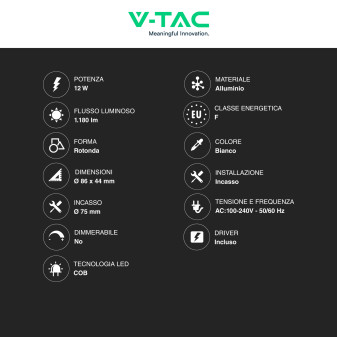 V-Tac Faretto LED COB 12W Incasso Rotondo CCT Bianco