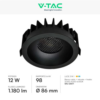 V-Tac Faretto LED COB 12W Incasso Rotondo CCT Nero