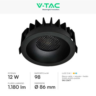 V-Tac Faretto LED COB 12W Incasso Rotondo CCT Nero