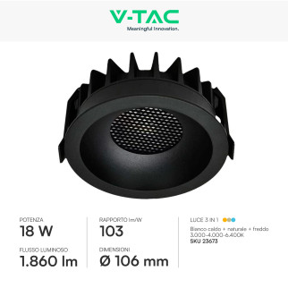 V-Tac Faretto LED COB 18W Incasso Rotondo CCT Nero