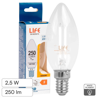 Life Lampadina LED E14 2,5W Candela C35 Filament Bianco