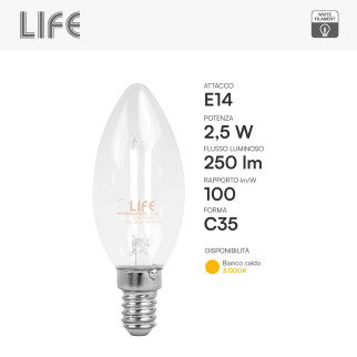 Life Lampadina LED E14 2,5W Candela C35 Filament Bianco
