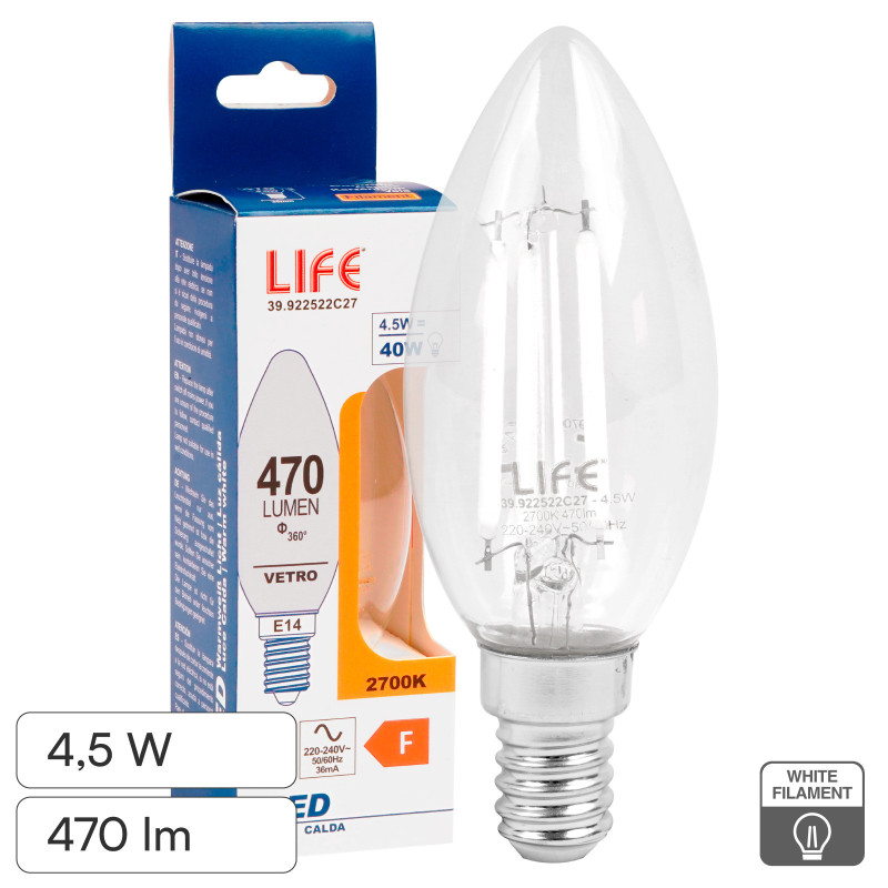 Life Lampadina LED E14 4,5W Candela C35 Filament Bianco
