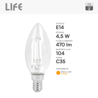 Life Lampadina LED E14 4,5W Candela C35 Filament Bianco