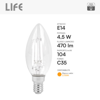 Life Lampadina LED E14 4,5W Candela C35 Filament Bianco