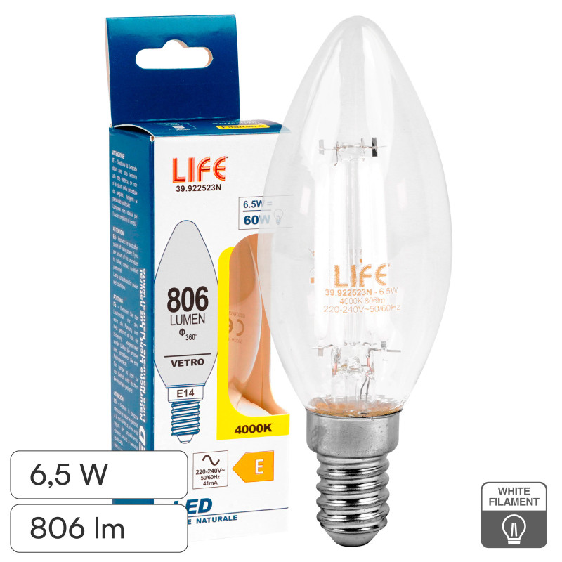 Life Lampadina LED E14 6,5W Candela C35 Filament Bianco