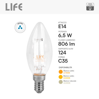 Life Lampadina LED E14 6,5W Candela C35 Filament Bianco