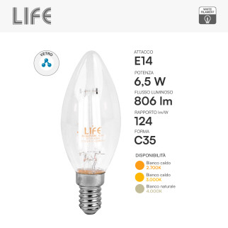 Life Lampadina LED E14 6,5W Candela C35 Filament Bianco
