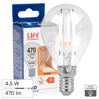 Life Lampadina LED E14 4,5W MiniGlobo P45 Filament Bianco