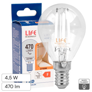 Life Lampadina LED E14 4,5W MiniGlobo P45 Filament Bianco