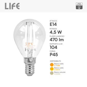 Life Lampadina LED E14 4,5W MiniGlobo P45 Filament Bianco