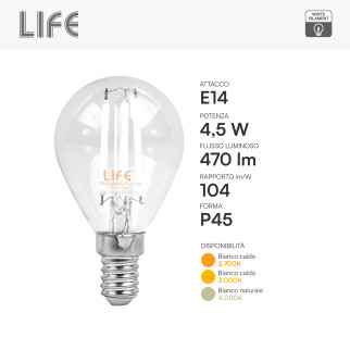 Life Lampadina LED E14 4,5W MiniGlobo P45 Filament Bianco