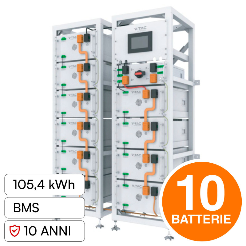 V-Tac Kit 10 Accumulatori BMS Stack LiFePO4 Fotovoltaico Rack