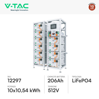 V-Tac Kit 10 Accumulatori BMS Stack LiFePO4 Fotovoltaico Rack