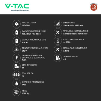 V-Tac Kit 10 Accumulatori BMS Stack LiFePO4 Fotovoltaico Rack