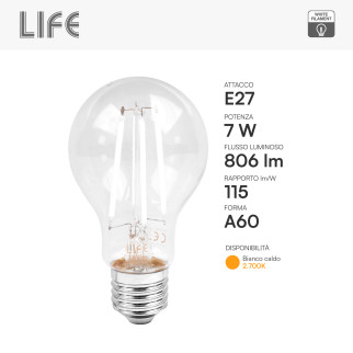 Life Lampadina LED E27 7W Goccia A60 Filament Bianco