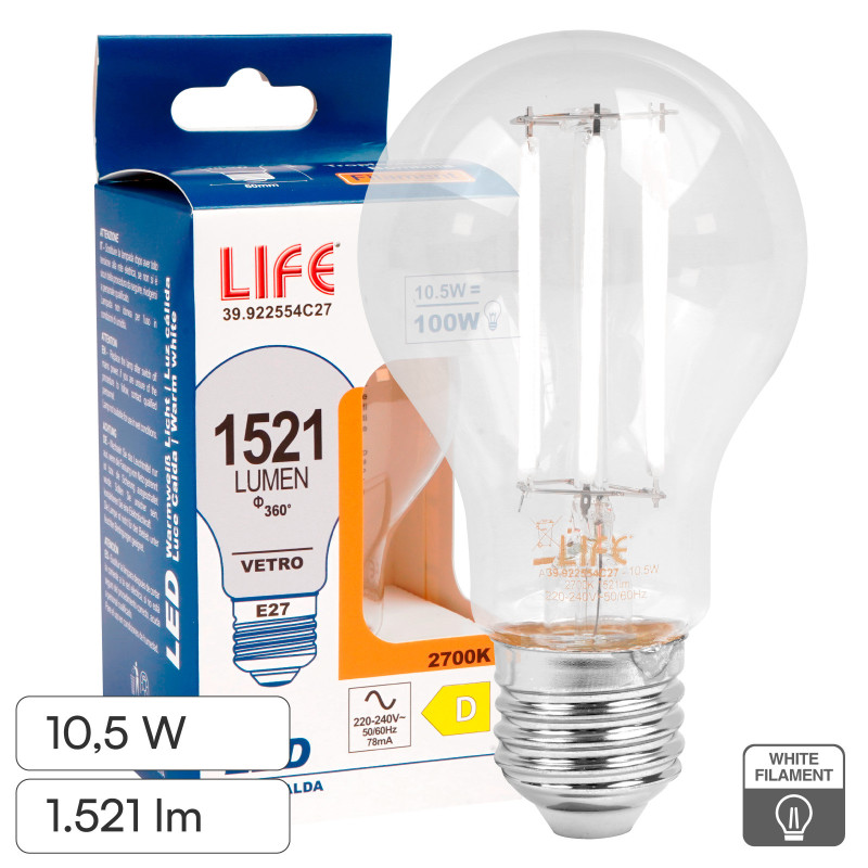 Life Lampadina LED E27 10,5W Goccia A60 Filament Bianco
