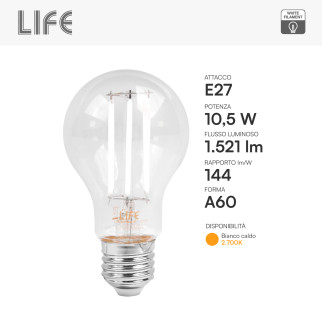 Life Lampadina LED E27 10,5W Goccia A60 Filament Bianco