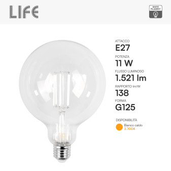 Life Lampadina LED E27 11W Globo G125 Filament Bianco