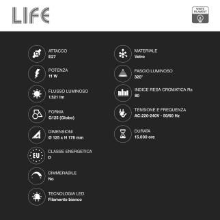 Life Lampadina LED E27 11W Globo G125 Filament Bianco