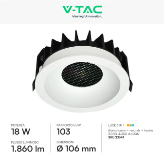 V-Tac Faretto LED COB 18W Incasso Rotondo CCT Bianco