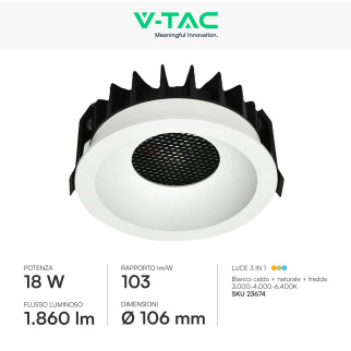 V-Tac Faretto LED COB 18W Incasso Rotondo CCT Bianco