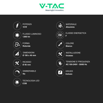 V-Tac Faretto LED COB 18W Incasso Rotondo CCT Bianco