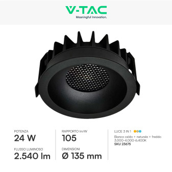 V-Tac Faretto LED COB 24W Incasso Rotondo CCT Nero
